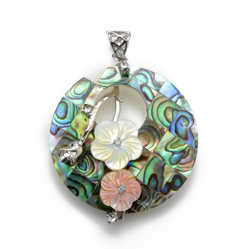 MOP20 Beach Wedding Jewellery Yellow and Pink Flowers Round Paua Abalone Shell Pendant