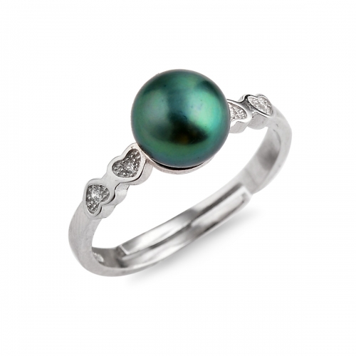 FPR155 Tiny Heart Ring 925 Silver Button Freshwater Pearl Peacock Green
