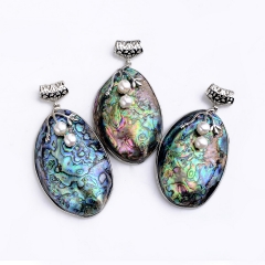 MOP125 Puffy Oval Paua Shells Big Pendant with Natural White Freshwater Pearls