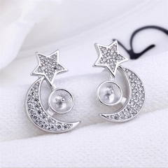 SSE163 Star and Moon Zircon Solid 925 Silver Stud Earrings Pearl Mounting