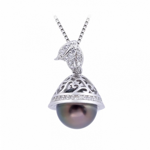 SSP06 Lovely Leaf Love Vine Sterling Silver Pearl Mount Zircon Bail Pendant