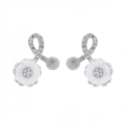 SSE59 Flower Earring White Shell Zircons 925 Sterling Silver Pearl Setting