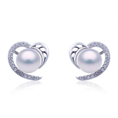 SSE263 Love 925 Heart Sterling Silver Pearl Stud Earrings Findings
