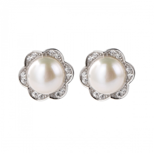 SSE251 Flower Stud Earring Pearls Mount 925 Sterling Silver