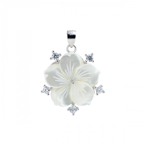 SSP224 White Flower Pendant with Shell and Zircon 925 Sterling Silver Pearl Setting