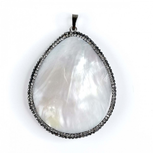 MOP213 Pave Rhinestone Encrusted Large Teardrop White Shell Pendant