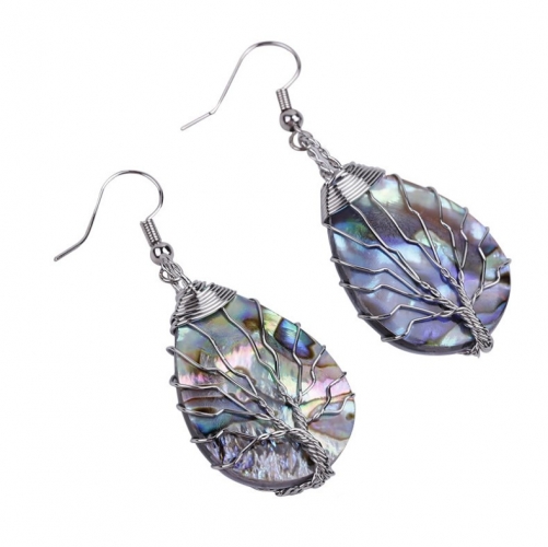 MOP225 Tree of Life Dangle Earrings Abalone Teardrop Shell Handmade Wire Wrapped Drop Earring