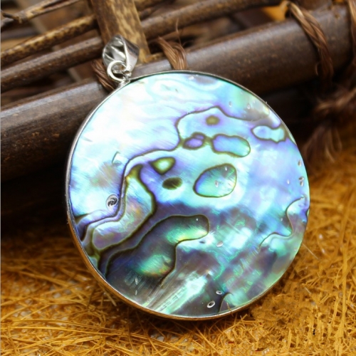 MOP195 Circular Pendant Blue and Green Abalone Shell Cabochons Boho Pendant