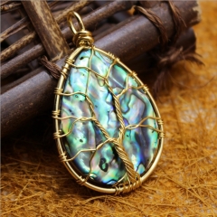 MOP206 Teardrop Cabochon Abalone Shell with Golden Wire Wrapped Handmade Life Tree Pendant