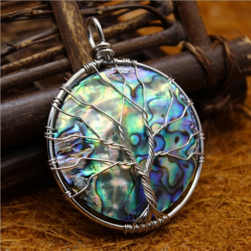 MOP204 Nature Shell Tree of Life Circle Pendant Abalone Paua Shell