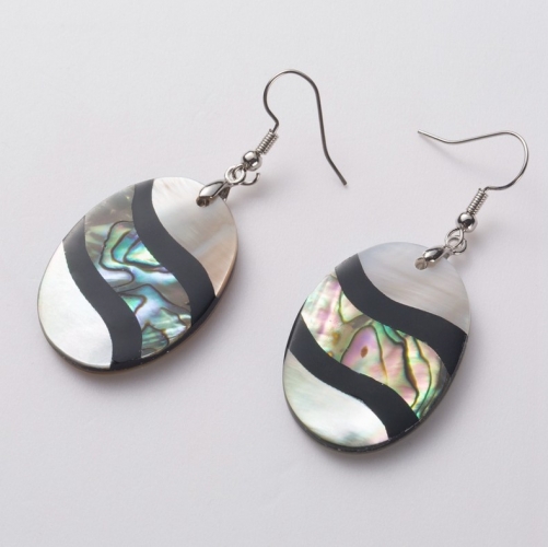 MOP239 Oval Dangle Earrings Peacock Green Color Abalone Shell