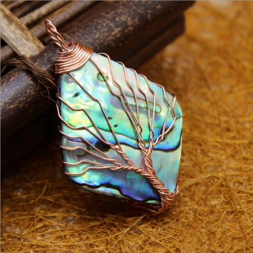 MOP264 Abalone Shell Handmade Rose Gold Wire Wrapped Tree of Life Rhombus Pendant