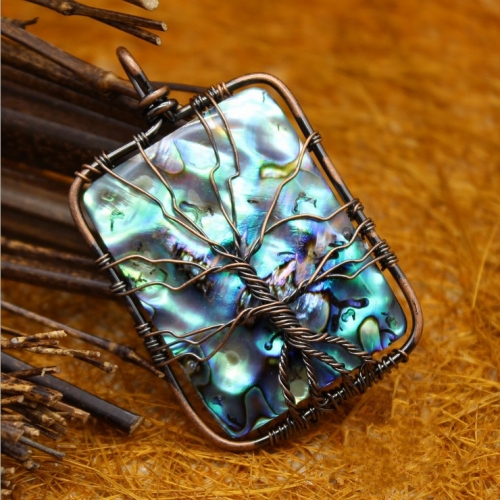 MOP263 Rectangle Abalone Shell Antique Jewelry Origin Shell Life Tree Pendant