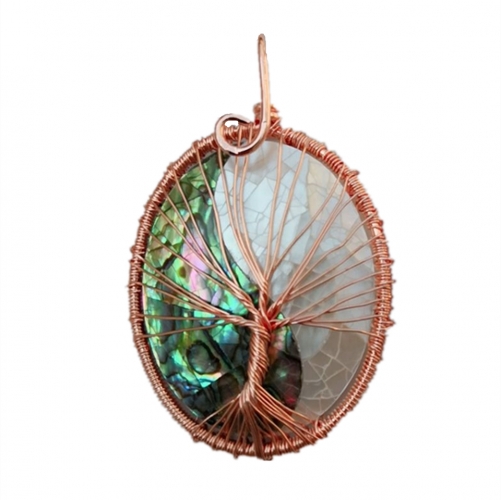 MOP290 Big Pendant Tree of Life Abalone Shell Rose Gold Wire Wrapped Jewelry