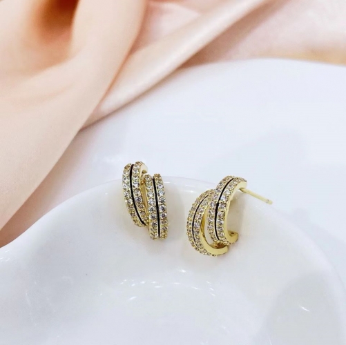 9EL03K Half Hoop Earrings Stud Gold Plated 925 Silver Zircon C Shape