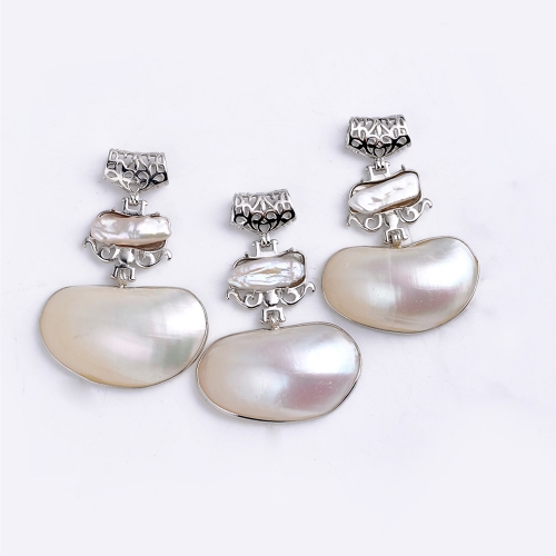 MOP124 Puffy Oval White Shell Pendant with Biwa Pearl Freshwater Long Shape Stick Pearls