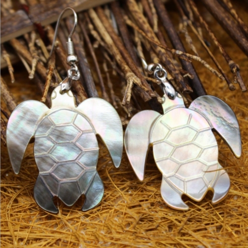 MOP88 Natural Paua Shell Dangle Turtle Hook Earrings