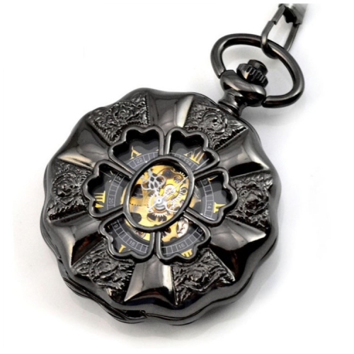 WAH493 Pumpkin Shape Vintage Black Mechanical Movement Hollowed Pocket Watch Gift