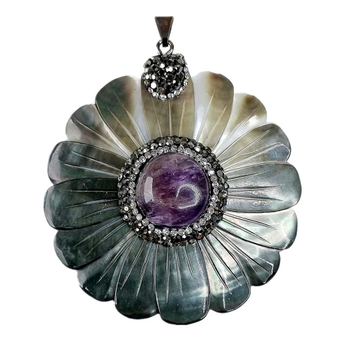 MOP216 Carved Shell Flower with Amethyst Large Sun Flower Pendant