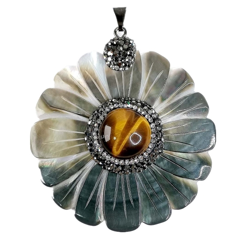 MOP217 Tiger Eye Bead Surrounded by Rhinestone Natural Shell Big Sun Flower Pendants