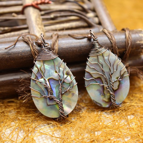 MOP226 Vintage Tree of Life Drops Dangle Abalone Paua Shell Earrings