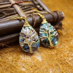 MOP374 Water Drop Abalone Earring Tree of Life Golden Hook Earrings