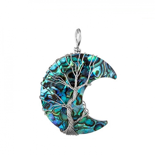 MOP268 White Copper Handmade Tree of Life Natural Abalone Shell Moon Pendant