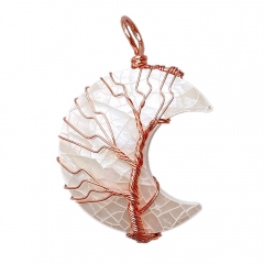 MOP270 Rose Gold Tree of Life Wire Wrap Natural White Abalone Shell Moon Pendant
