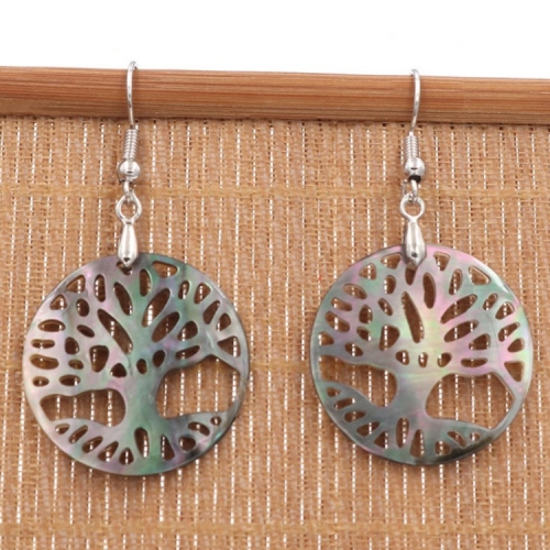 MOP221 Carved Black Mother of Pearl Shell Round Tree Of Life Earrings