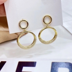 9EL12K Round Circle Earrings Zircon Gold Plated 925 Sterling Silver Stud Earring