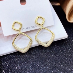 9EL15K Square Earring Zircon Gold Plated 925 Sterling Silver Stud Earrings