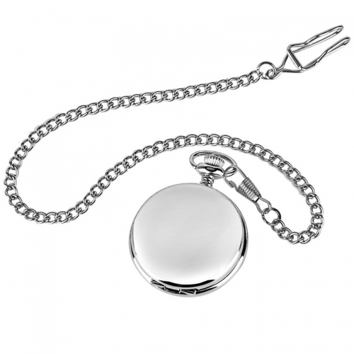 WAH259 Smooth Cover Silver Case Alloy Quartz Minimalist Pocket Watch