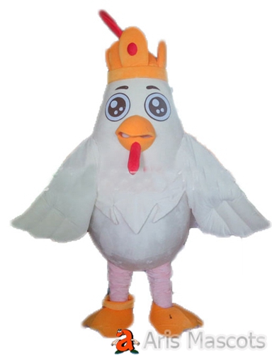 Mascot White Chicken Costume Adult Full Dress Up with King Crown