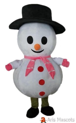 Snowman Costume with Black hat and Pink scarf Adult Full Mascot for Outdoor events
