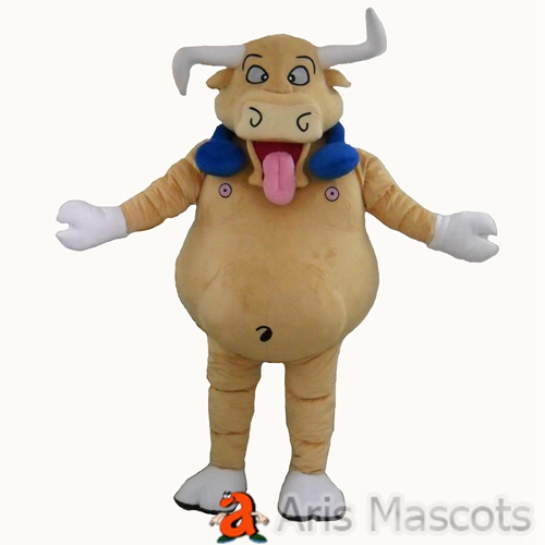 Brown Bull Mascot Costume with Blue Scarf Foam Round Body Adult Full Fancy Dress for Sports Team