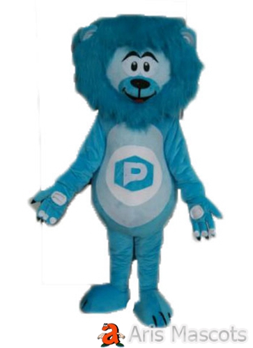 Foam Lion Mascot with Blue Mane Adult Full Outfit Round Body with Logo on Belly Animal Mascots
