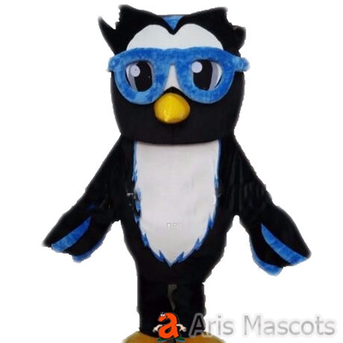 Black and White Owl Mascot Costume with Blue Glasses Adult Full Size Foam Mascots Birds Fancy Dress