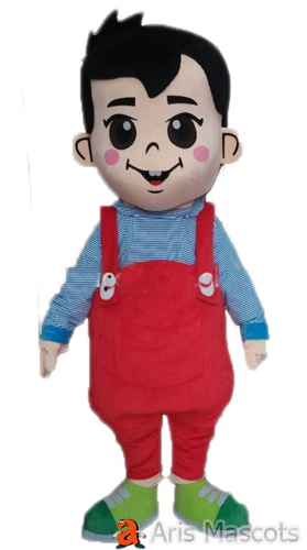 Cute  Full Body Mascot Boy Cosume with red Overall Big Eyes Boy Mascot Outfit
