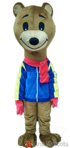Cute Mascot Bear Costume with Red Scarf Full Body Mascot Bear Outfit for Event