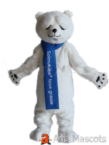 White Soft Fur Bear Mascot Costume with Blue Scarf-Disguise Bear Halloween Dress