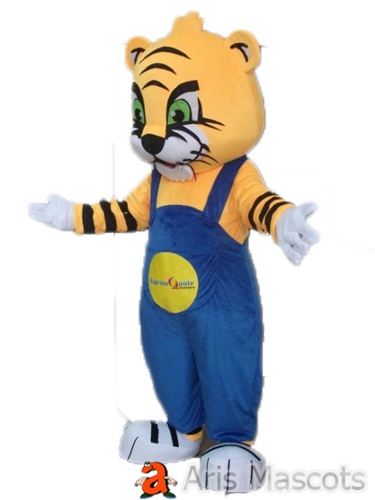 Cute Foam Mascot Tiger Costume with Big Head and Blue Overall-Tiger Fancy Dress Full Mascots