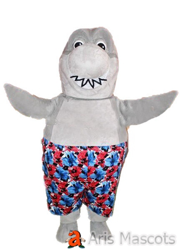 Funny Grey Shark Mascot Costume with Beach Shorts -Disguise Giant Shark Fancy Dress Ocean Animal Mascots