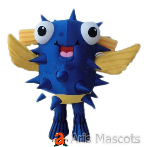 Giant Blue and Yellow Fish Mascot Costume with Thorns -Funny Ocean Animal Suit Big Fish Costume Adult Full Outfit