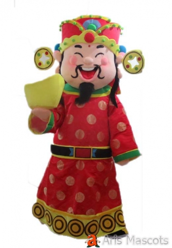 Chinese God of Fortune Mascot Costume with shoe-shaped gold ingot for New Year Event ,Disguise God of Fortune fancy dress up