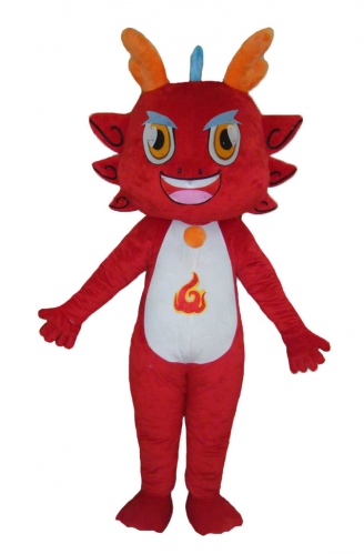 Buy Red Dragon mascot costume, cute big head smile dragon fancy dress