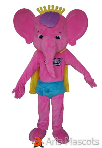 Pink Elephant Mascot with Crown and Yellow Cape Adult Elephant Cosplay Dress