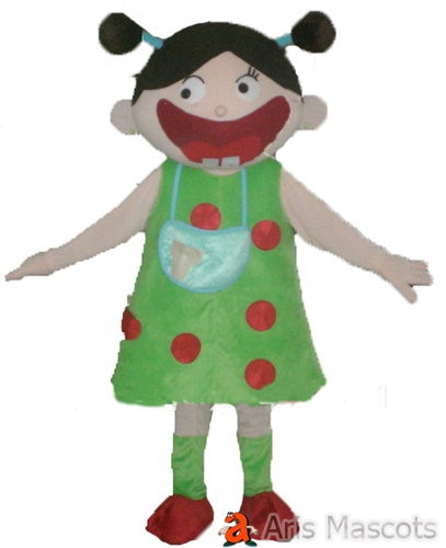 Big Mouth Girl Costume Full Body Mascot with Green Dress , Disguise Girl Fancy Dress up