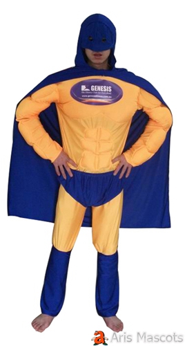 Superhero Costume Full Body Mascot , Muscle Man Superhero Fancy Dress with blue Cape