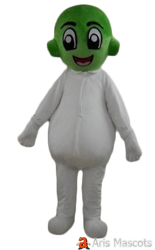 Green Head Alien Mascot Costume with Full White Body, Big Eyes Alien Suit