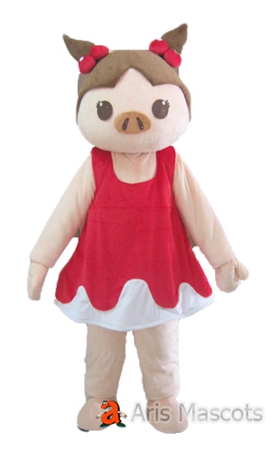 Lovely Girl Pig Mascot Costume with Red Dress, Cosplay Pig Fancy Dress